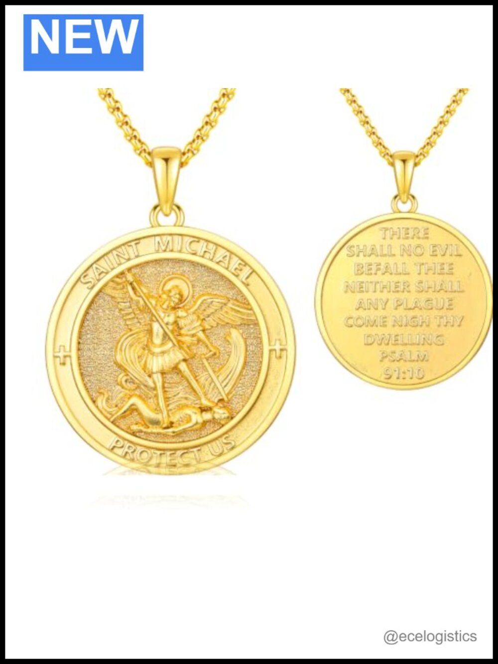 14K Gold Plated St Michael Pendant Necklace 22in Lobster Clasp